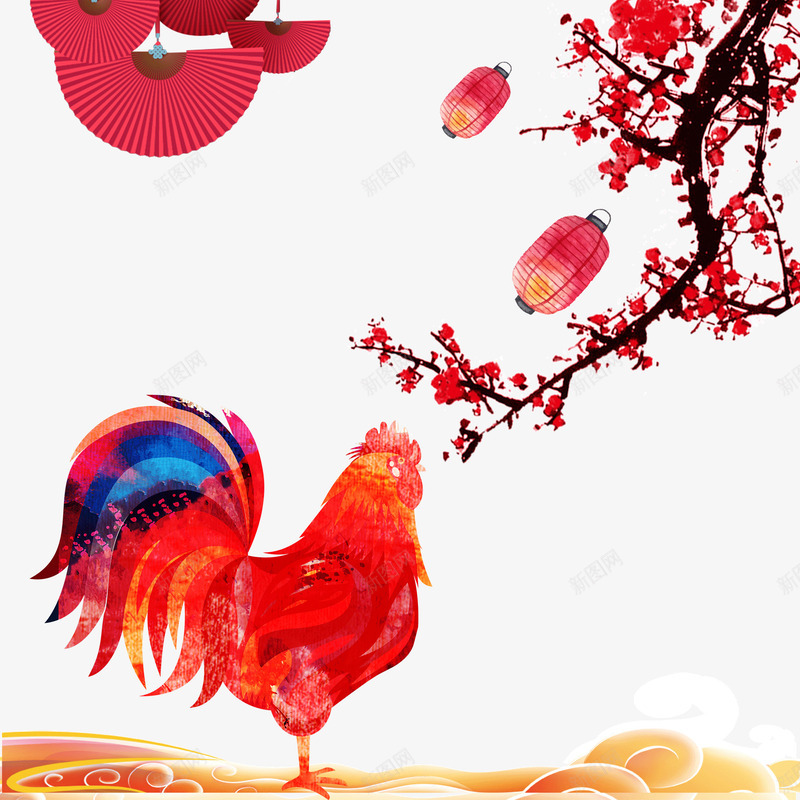 剪纸公鸡png免抠素材_新图网 https://ixintu.com 中国风 大公鸡 彩色 新年 梅花 灯笼 祥云 纸扇