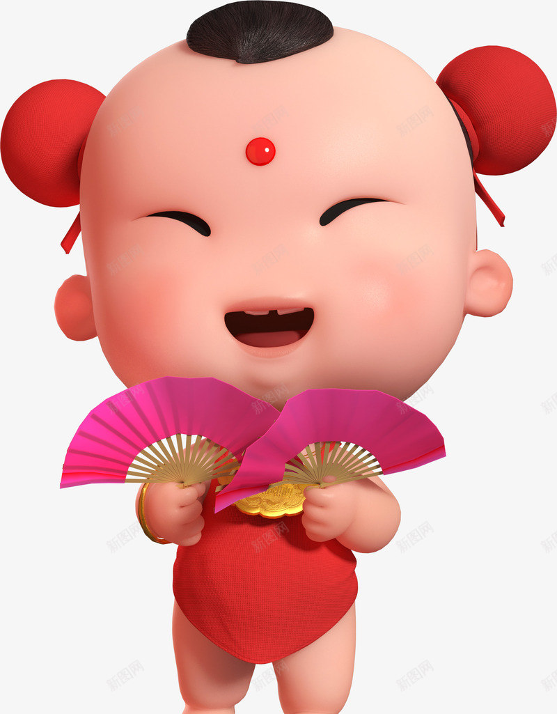 招财童子春节扇子三维png免抠素材_新图网 https://ixintu.com 中国风 喜庆 招财童子 春节