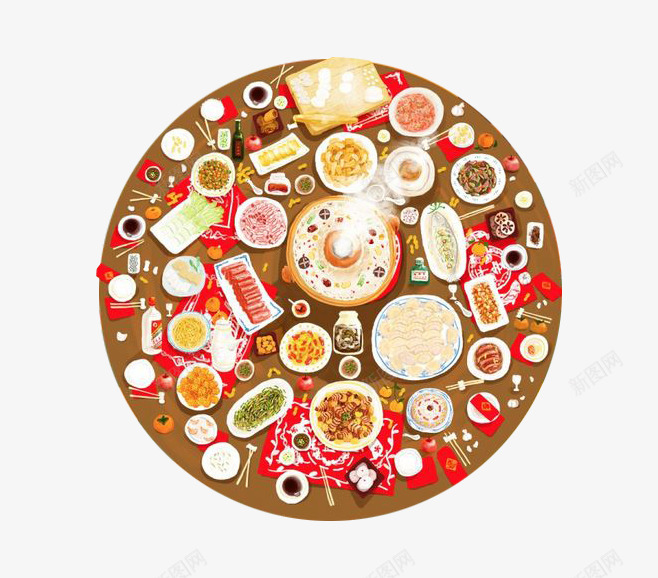 满汉全席年夜饭图psd免抠素材_新图网 https://ixintu.com 中国风 卡通 喜庆 年夜饭 满汉全席 装饰图 过年