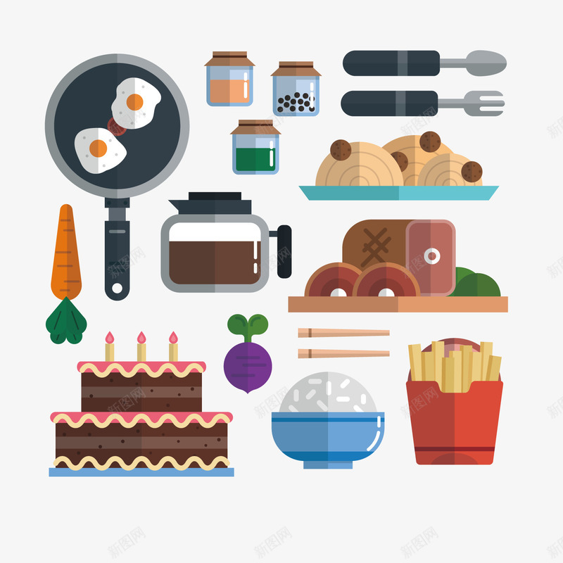 扁平化食物和厨具矢量图ai免抠素材_新图网 https://ixintu.com 制作 薯条 蛋糕 食材 食物 矢量图