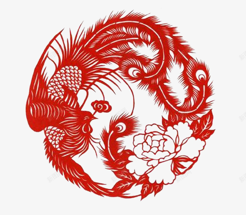 剪纸png免抠素材_新图网 https://ixintu.com 中国风 凤凰 凤凰纹饰 剪纸花 牡丹 鸟