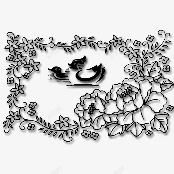 装饰图案鸳鸯戏水png免抠素材_新图网 https://ixintu.com 刺绣花纹 装饰图案 鸳鸯戏水 黑白描