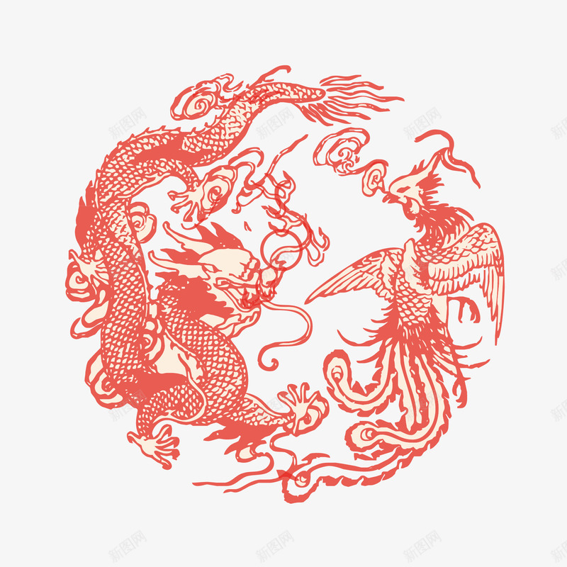 龙凤花纹png免抠素材_新图网 https://ixintu.com 婚庆 红色 龙凤
