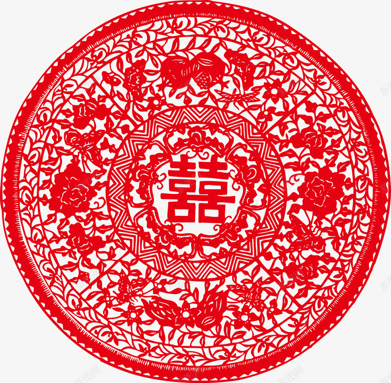 圆形剪纸png免抠素材_新图网 https://ixintu.com 剪纸 双喜 喜字贴 囍 囍底纹 大红喜字 婚庆 底纹 窗花帖 红色