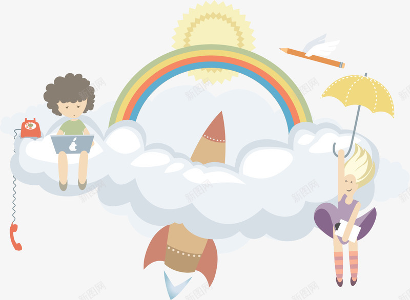 云朵上的风景png免抠素材_新图网 https://ixintu.com 云朵 卡通 彩虹矢量 扁平化 火箭