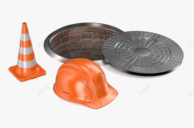 橙色安全帽和施工路锥png免抠素材_新图网 https://ixintu.com 下水道 修理 地下交通道路 孔锥 实物 施工交通路锥 检修 橙色安全帽 盖子 维护 金属塑料制品