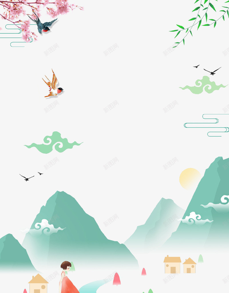 清新文艺春季海报png免抠素材_新图网 https://ixintu.com 你好春天 山脉 文艺 春天来了 春季 海报 清新 燕子 花