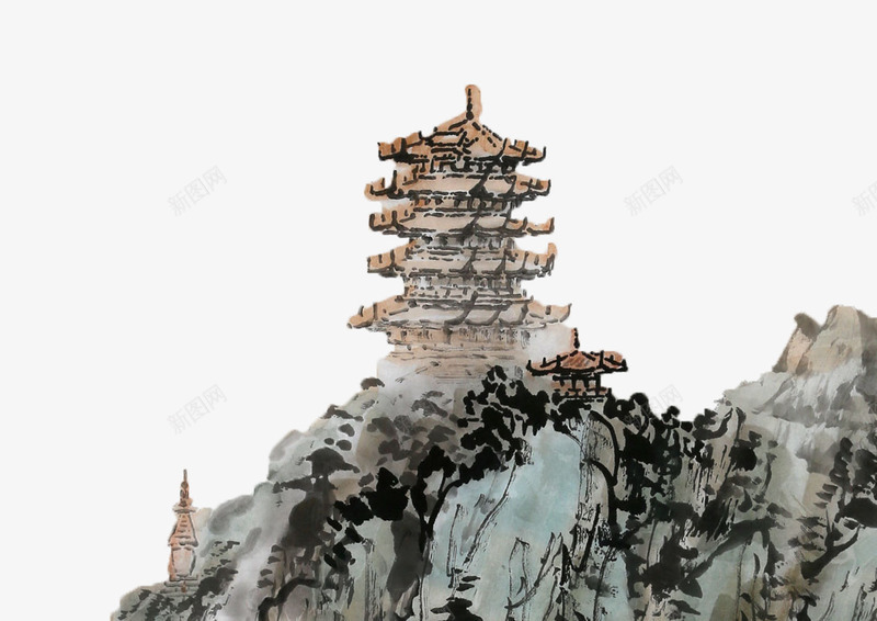 山峰上的黄鹤楼png免抠素材_新图网 https://ixintu.com 中国画 中国风 亭阁 国画 山峰上 水墨画 黄鹤楼