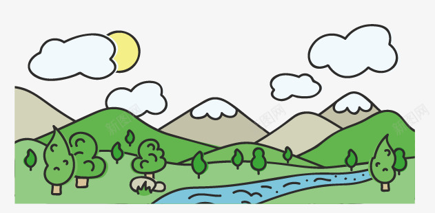 小溪矢量图eps免抠素材_新图网 https://ixintu.com 山 插画 树 矢量插画 草地 道路 矢量图