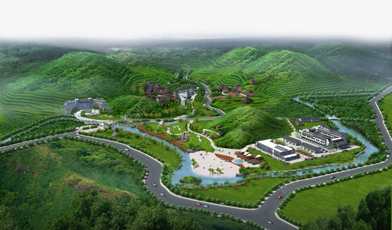 位于山间的绿色生态小区png免抠素材_新图网 https://ixintu.com 公路 城市 小区鸟瞰图 建筑 树木 楼房 河流 现代建筑 生态 生态文明建设 绿色生态小区 鸟瞰图