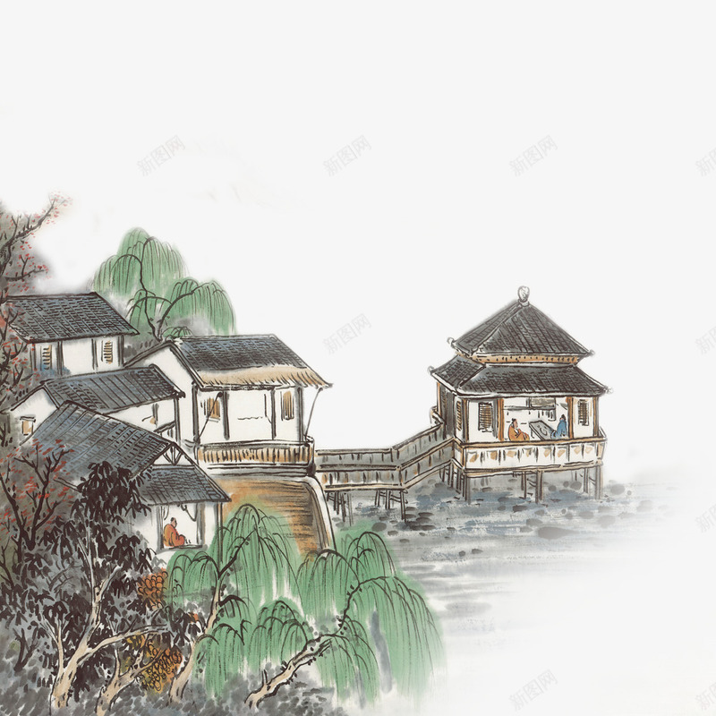 水墨房子png免抠素材_新图网 https://ixintu.com 房屋 树木 水墨画 绿柳树