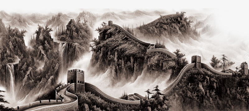 中国风长城毛笔画水墨psd免抠素材_新图网 https://ixintu.com 中国画 中国风 毛笔画 背景 长城 长城PNG 黑白长城