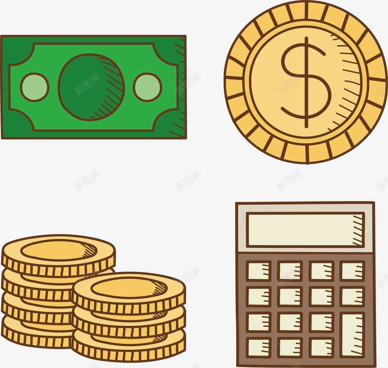 手绘计算器矢量图eps免抠素材_新图网 https://ixintu.com 手绘风 现金 矢量素材 计算器 金币 金融 矢量图