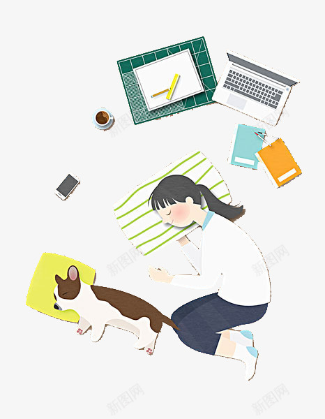 一个在睡觉的女孩png免抠素材_新图网 https://ixintu.com 侧脸闭眼 卡通手绘 咖啡 熟睡少女 狗狗 睡觉 笔记本 躺卧 闭眼睛 闭着的眼睛