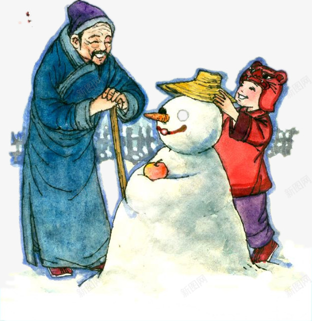 卡通堆雪人的爷孙png免抠素材_新图网 https://ixintu.com 冬天 北方 卡通 堆雪人 天伦之乐 孙子 小孩 帽子 爷爷 老人 胡萝卜 苹果 雪人