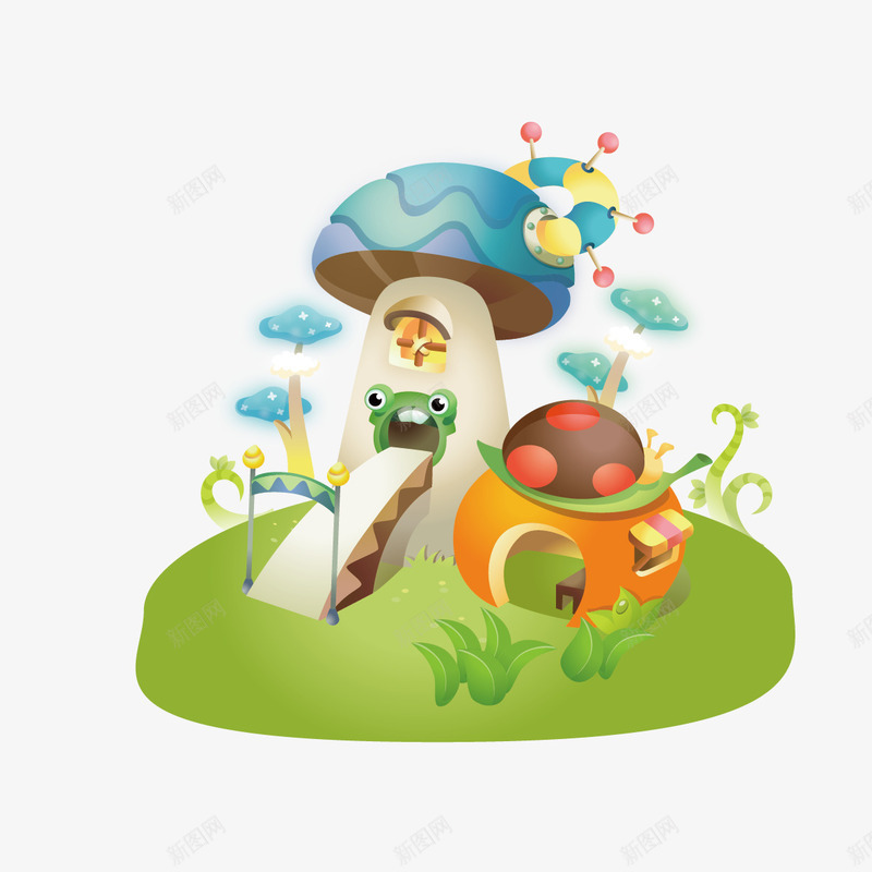 蘑菇房子和草地矢量图ai免抠素材_新图网 https://ixintu.com 卡通 草地 蘑菇房子 矢量图