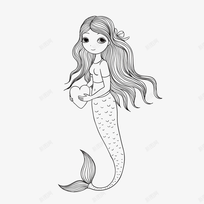 长发人鱼线性插图矢量图ai免抠素材_新图网 https://ixintu.com 唯美 心形 手绘 抱着爱心 线性插画 长发 鱼儿 矢量图