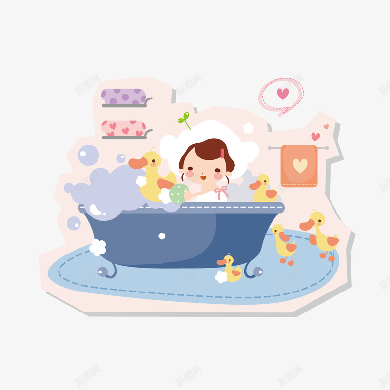 泡澡小女孩png免抠素材_新图网 https://ixintu.com 卡通 女孩 孩子 小黄鸭 开心 泡澡