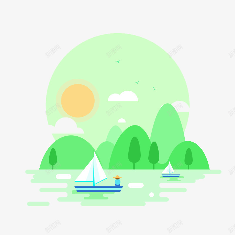 浅色扁平化湖面日出png免抠素材_新图网 https://ixintu.com 扁平素材 日出 日出素材 浅色 浅色素材 湖面