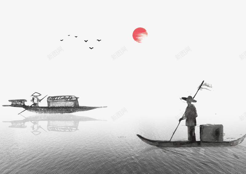 古风海上夕阳下的渔民psd免抠素材_新图网 https://ixintu.com 中国风 中国风夕阳 古画山水 夕阳下 山水画装饰 平面装饰 水墨画 海面上 渔民