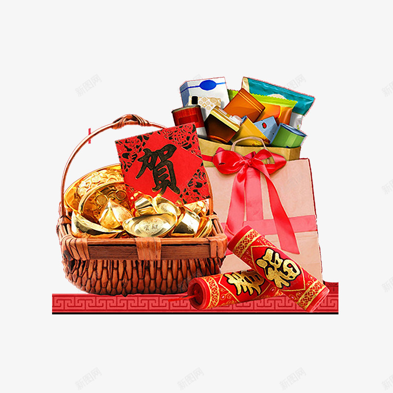红色春节年货春节年货png免抠素材_新图网 https://ixintu.com 年货 春节 礼盒 福字 红色 装饰 贺卡 金元宝 金色