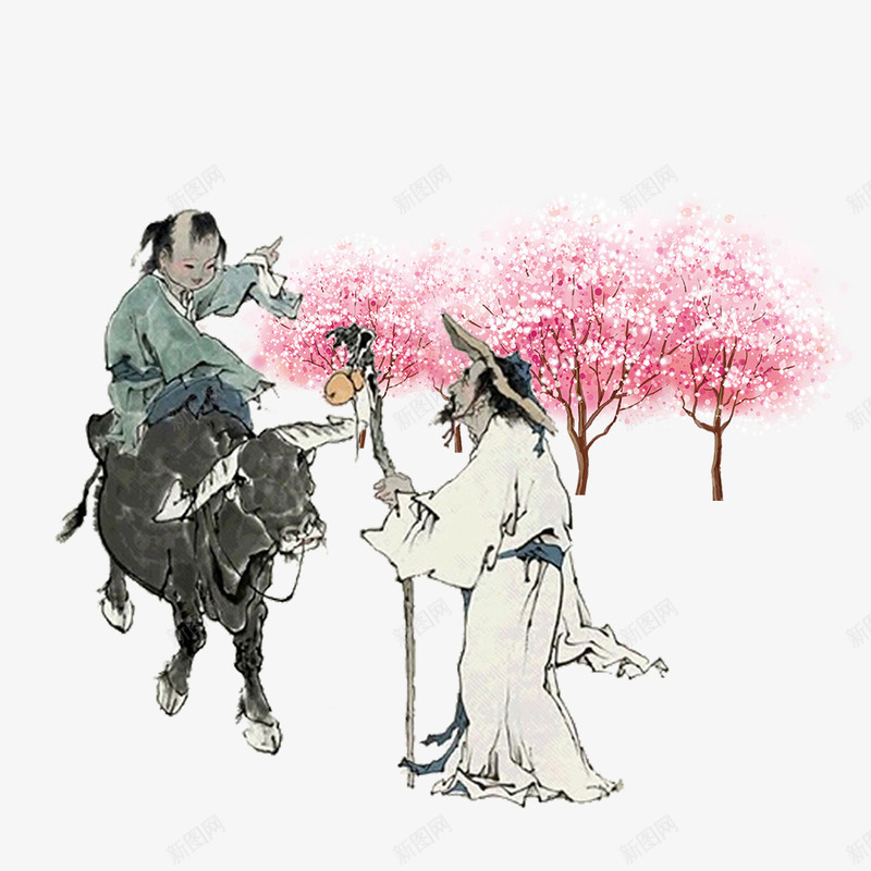 彩色创意杏花村卡通插画psd免抠素材_新图网 https://ixintu.com 创意 卡通插画 彩色 杏花村 桃花 牛 环境 资环 风景