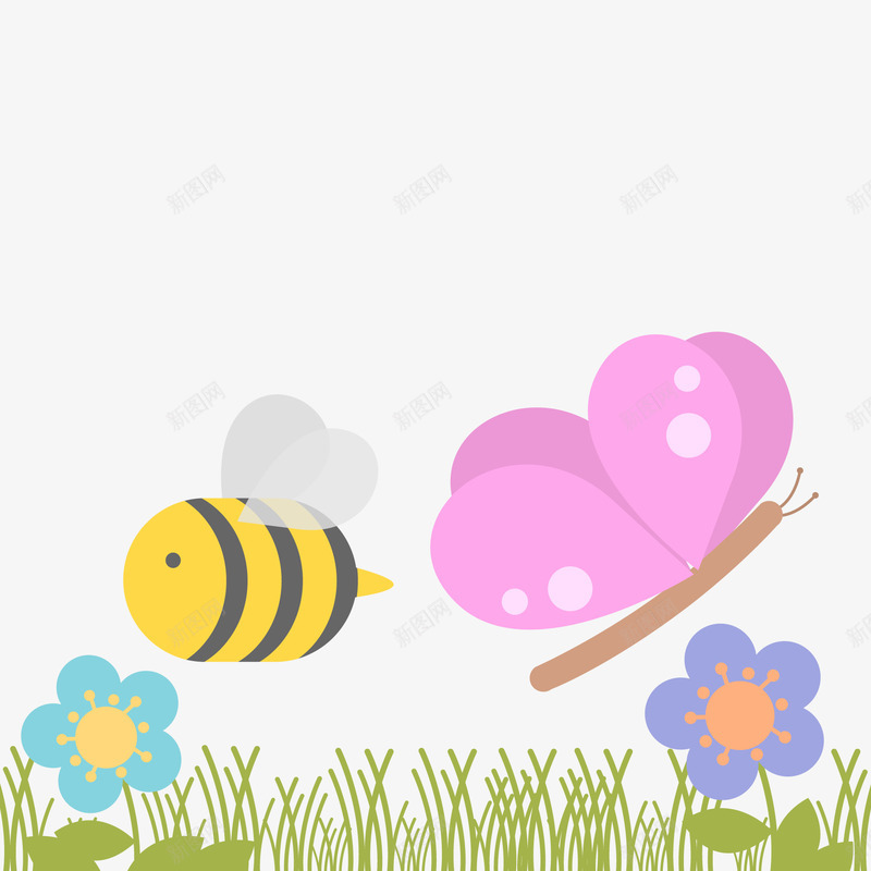 卡通草地上的风景矢量图ai免抠素材_新图网 https://ixintu.com 卡通 招蜂引蝶 昆虫设计 矢量图 草地 蜜蜂 蝴蝶 风景