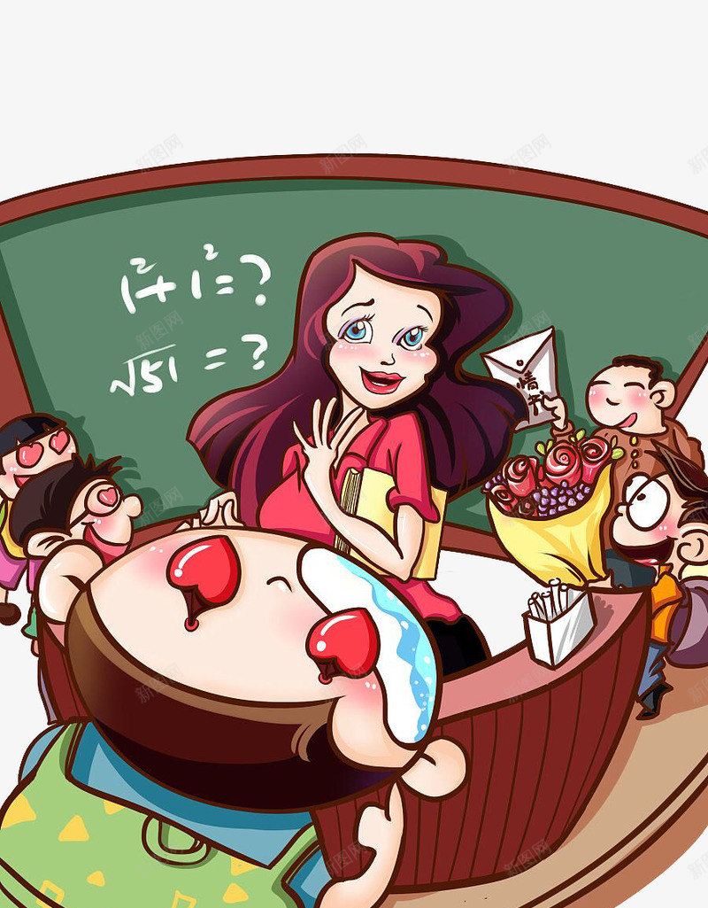韩版卡通萌系美女老师插图png免抠素材_新图网 https://ixintu.com 上课 卡通 学生 插图 美女 老师 老师背影 背影 装饰 韩版 黑板