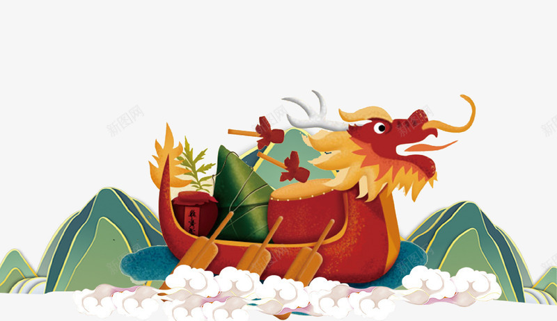 中国风端午龙舟插画psd免抠素材_新图网 https://ixintu.com 中国风 吃粽子 山脉 手绘 插画 祥云 端午节 赛龙舟
