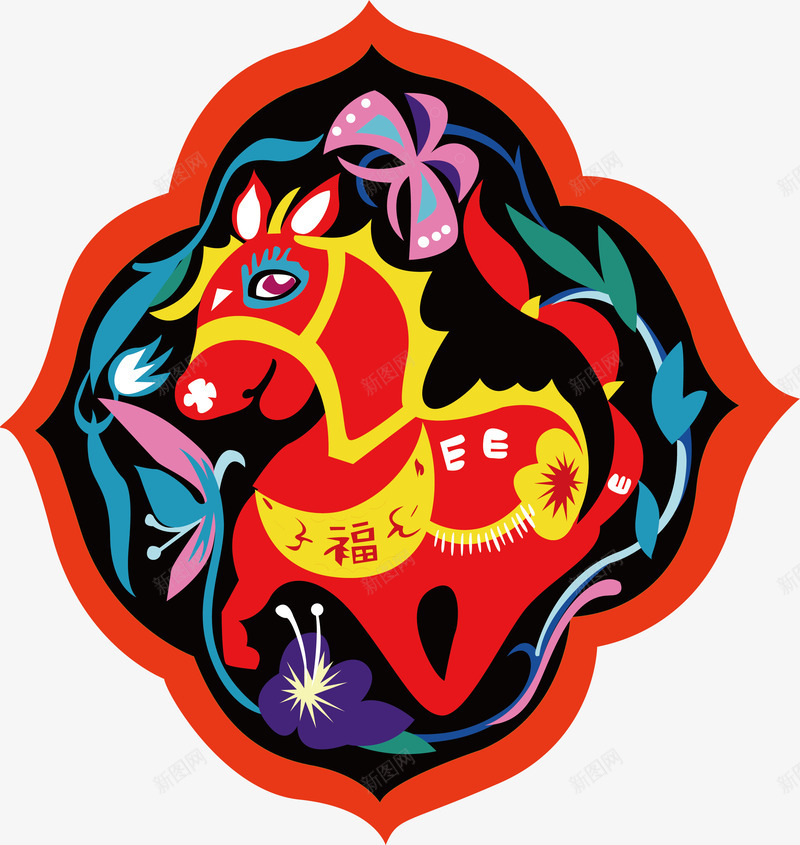 中国风十二生肖马图案矢量图ai免抠素材_新图网 https://ixintu.com 12生肖 动物 彩色 民俗文化 民族风 民间艺术 马 矢量图