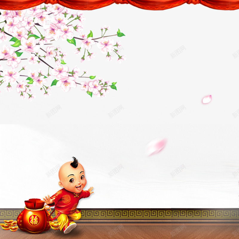 福娃福袋喜迎新春背景png免抠素材_新图网 https://ixintu.com 喜迎新春 桃花 福娃 福袋