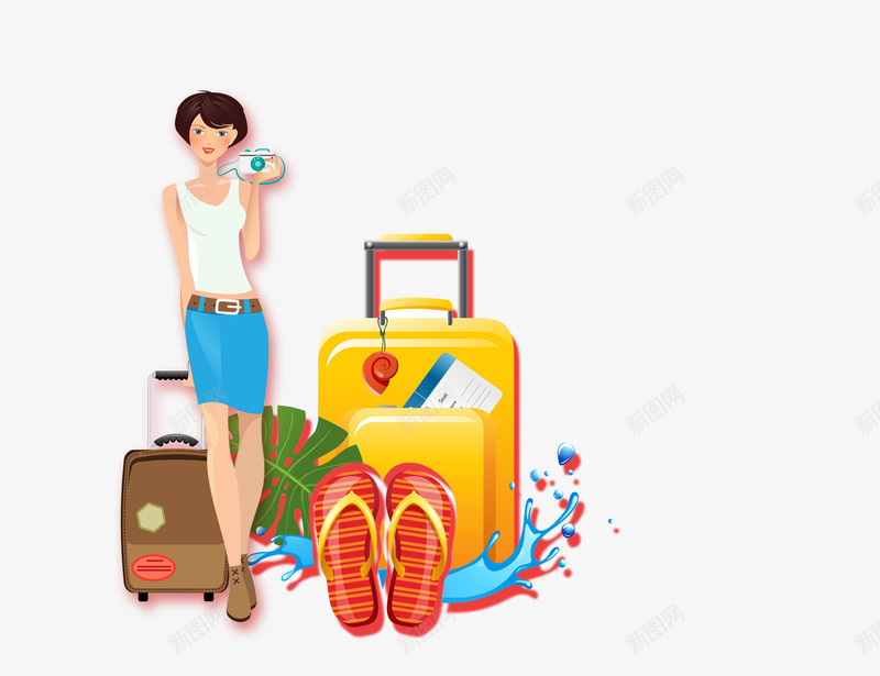 卡通旅行人物psd免抠素材_新图网 https://ixintu.com 卡通美女 拖鞋 旅行箱 水波