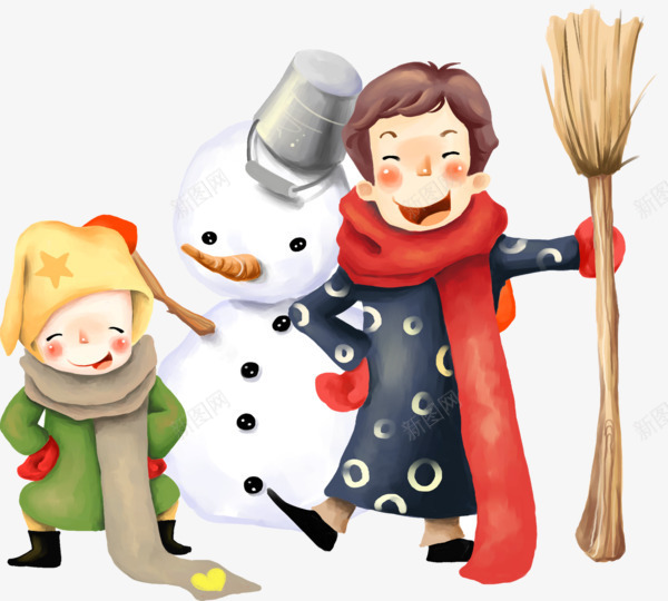 一起堆雪人png免抠素材_新图网 https://ixintu.com 冬天 扫把 男孩 雪人
