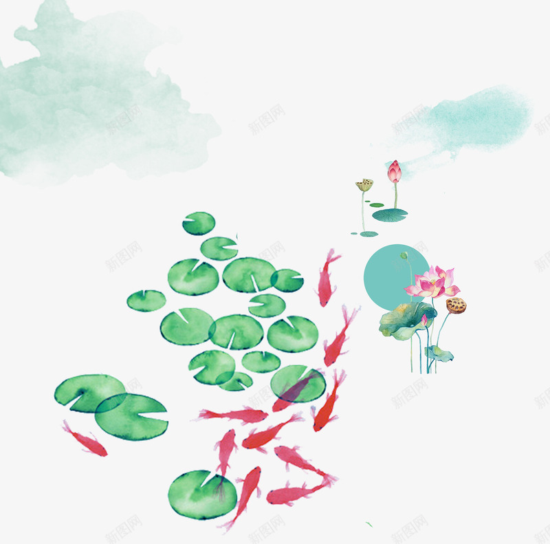 彩色卡通手绘山水间鱼塘psd免抠素材_新图网 https://ixintu.com 卡通手绘 古画山水 山间鱼塘 平面装饰 海报宣传装饰 红色金鱼 荷叶荷花