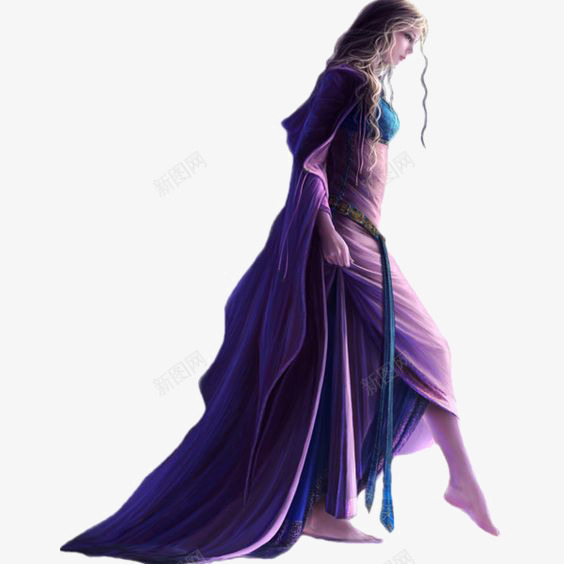 手绘女王png免抠素材_新图网 https://ixintu.com 外国女生 女生插画 欧洲 欧洲风 气质 童话 紫色长裙 长发女生