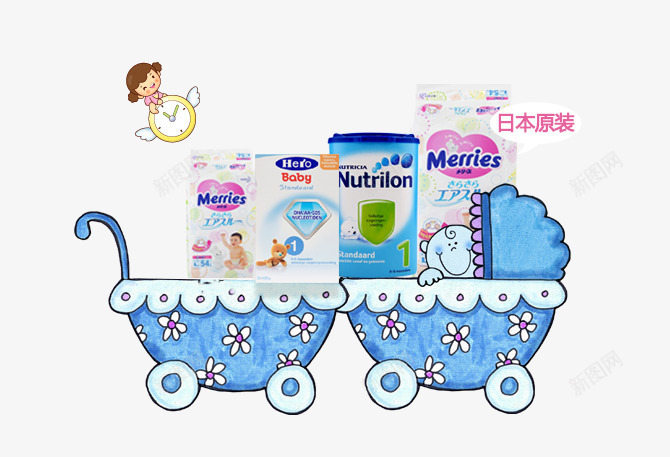 卡通小推车png免抠素材_新图网 https://ixintu.com 婴儿车 小推车 碎花 蓝色