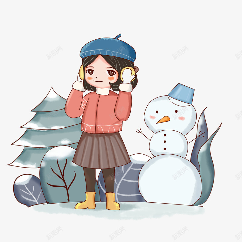 卡通冬季雪人女孩插画png免抠素材_新图网 https://ixintu.com 冬天 冬季女孩 冬季树木 冬季雪人 卡通 植物 雪