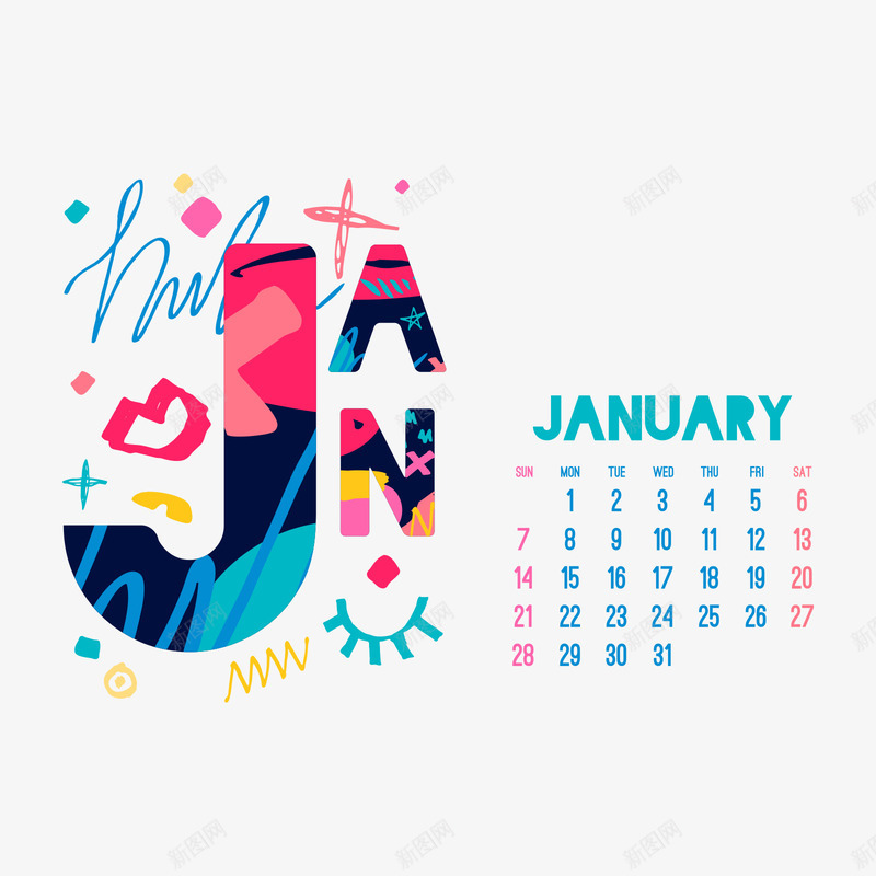 红蓝黄色2018年一月涂鸦日历矢量图ai免抠素材_新图网 https://ixintu.com 2018年 一月日历 涂鸦 涂鸦日历 红色 蓝色 黄色 矢量图