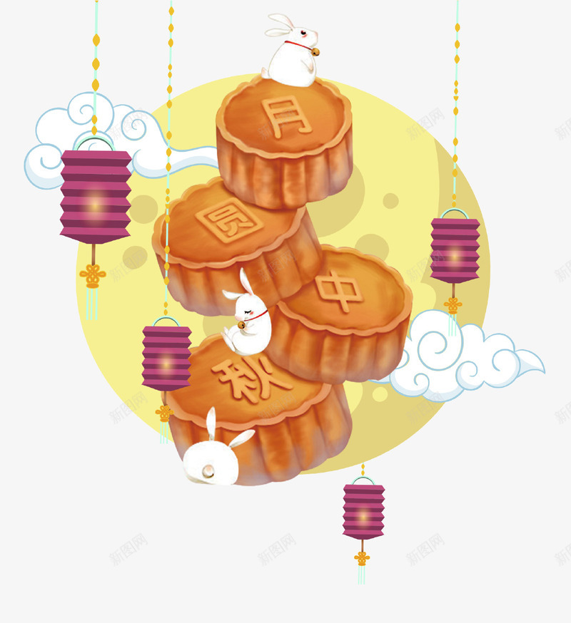 中国风创意中秋月饼图标psd_新图网 https://ixintu.com 中国风 云朵 卡通 图标 月亮 月兔 月饼 灯笼