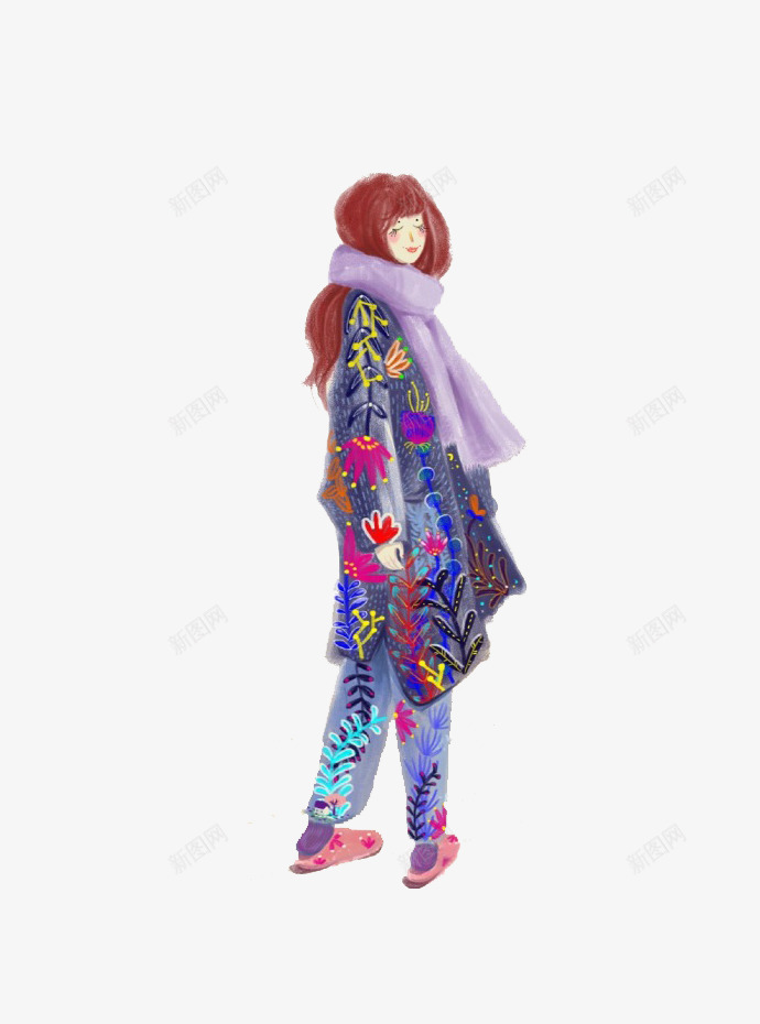 戴围巾的女孩png免抠素材_新图网 https://ixintu.com 冬天 围巾 背影 花纹服装