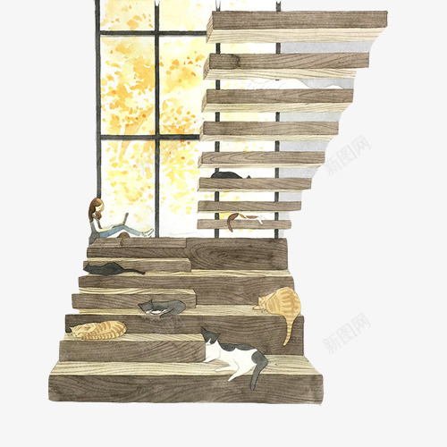 楼梯和猫创意手绘画片png免抠素材_新图网 https://ixintu.com 创意手绘 木质 楼梯 看书少女 睡觉的猫 装饰画