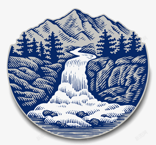 高山流水png免抠素材_新图网 https://ixintu.com 卡通 圆形 山峰 河流 蓝色