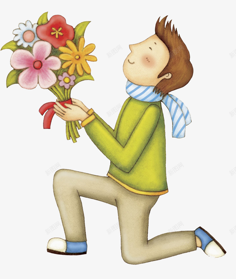 喀戎拿着花的男人图png免抠素材_新图网 https://ixintu.com 一束花 单脚跪地 单膝跪地 卡通 帅气的 插图 求婚 男人 表白