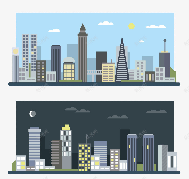 卡通城市白天与夜晚png免抠素材_新图网 https://ixintu.com H5页面素材 促销 促销图案 扁平化卡通城市白天与夜晚免抠素材 扁平卡通 昼夜免费下载 电商卡通素材 网页设计卡通