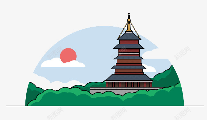 雷峰塔png免抠素材_新图网 https://ixintu.com 杭州绿树蓝天白云