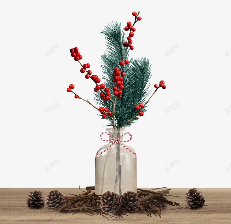 圣诞节桌面摆饰海报psd_新图网 https://ixintu.com 圣诞节 复古 木桌 松叶 松果 桌子 桌面 海报 空瓶