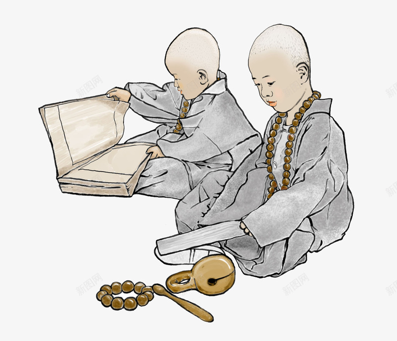 拿纸的小和尚png免抠素材_新图网 https://ixintu.com 佛珠 光头小和尚 创意 古代 唯美 小和尚 手绘 木鱼 简约 纸