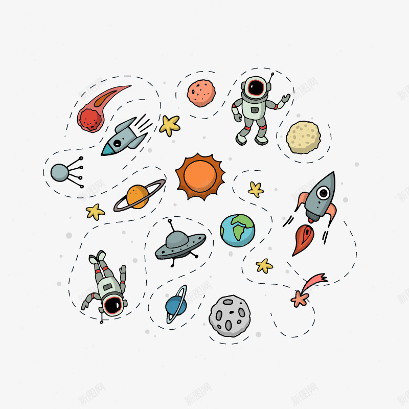 创意太空插画矢量图ai免抠素材_新图网 https://ixintu.com 卫星 太空 宇航员 火箭 飞碟 矢量图