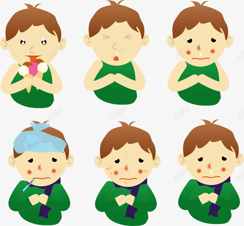 发高烧的小男孩png免抠素材_新图网 https://ixintu.com 儿童感冒 八字眉 冬天 卡通人物 发烧 发烧发冷 吃冰激凌 围巾 感冒 擦鼻涕 流感 病人 病患
