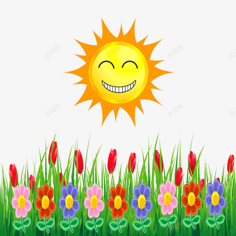 太阳与花园psd免抠素材_新图网 https://ixintu.com 太阳 红花 绿草 花朵